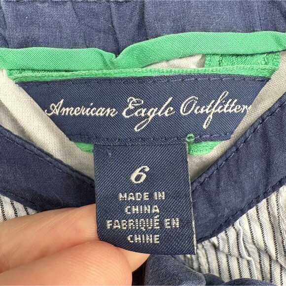 American Eagle Women's Pinstripe Bow Tie Tiered Summer Dress Size 6 Blue White - Picture 5 of 9